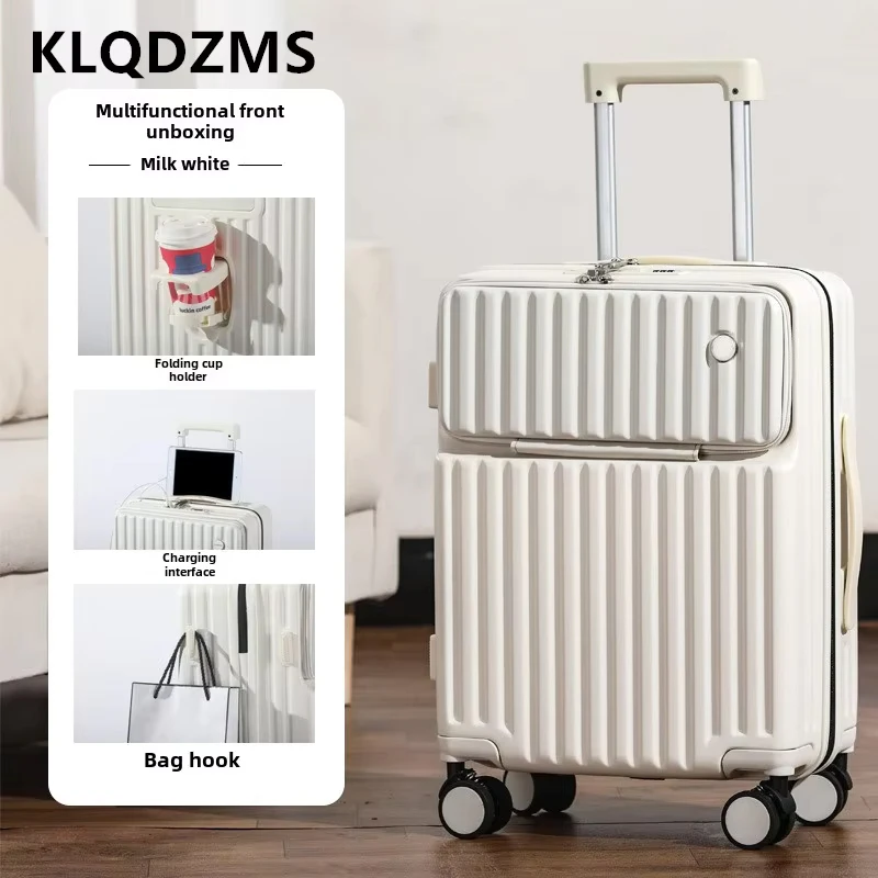 KLQDZMS 20"22"24"26Inch Laptop Suitcase Front Opening Boarding USB Charging Trolley Case Women with Wheels Rolling Luggage