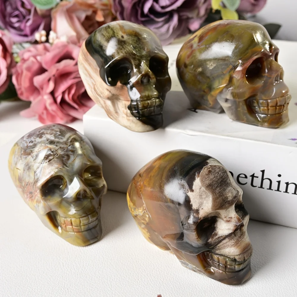 1PC Natural Wood Fossil Skulls for Reiki Quartz Stone,For Home Office Decor for Present Mineral Infused Skull Statue Fossilized
