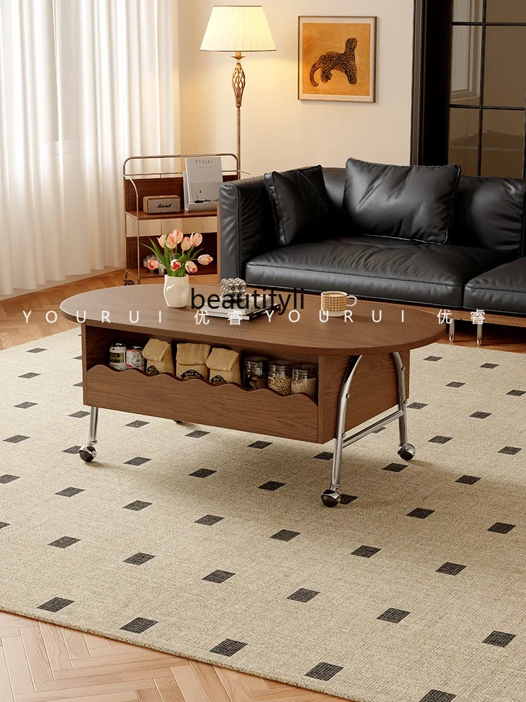 E153 Retro medieval style lifting solid wood coffee table living room home removable oval storage tea table