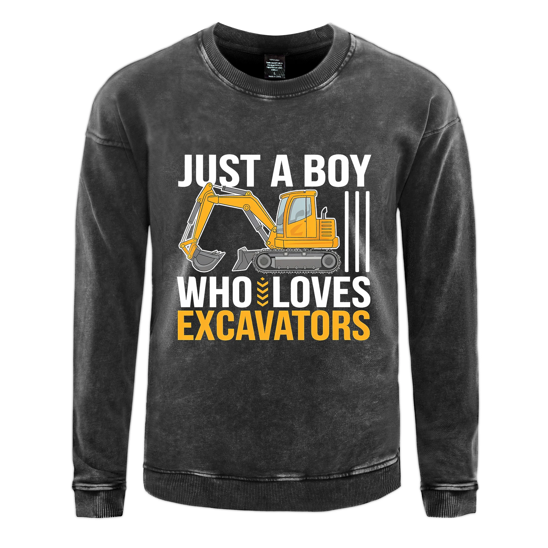 Cotton Men's Washed Sweatshirt Just A Boy Who Loves Excavators Prints Hoodie Fashion Oversized Pullover Casual Couple Clothes