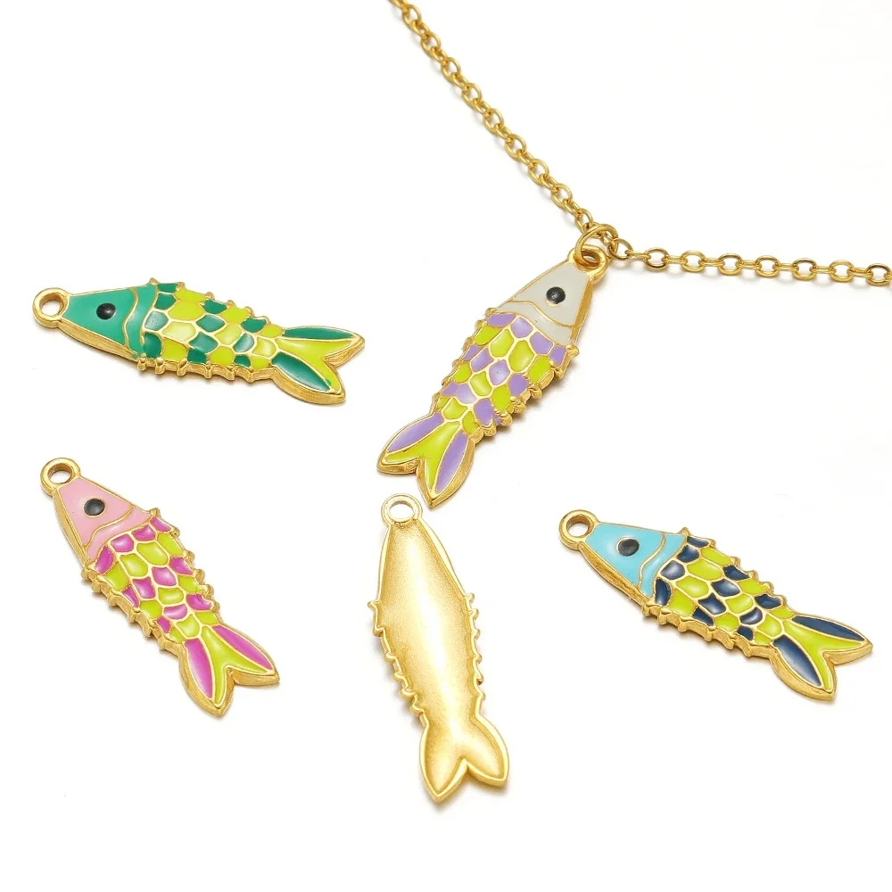 

5pcs Stainless Steel Color 8x26mm Enamel Pendant Multicolor Fish Charms for DIY Women Jewelry Findings Necklace Earrings Making