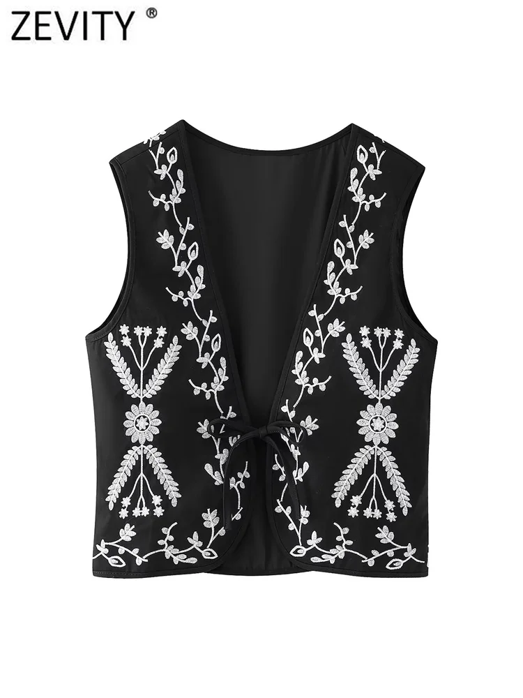 Zevity Women National V Neck Floral Embroidery Lace Up Cardigan Vest Jacket Ladies Retro Contrast Color Waistcoat Tops CT7212