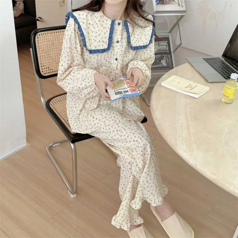 Floral Print Sleepwear Women Pajama Sets Button Piiama Korean Pants Sets for Women 2 Pieces Ruffles Night Wears Autumn Home Suit