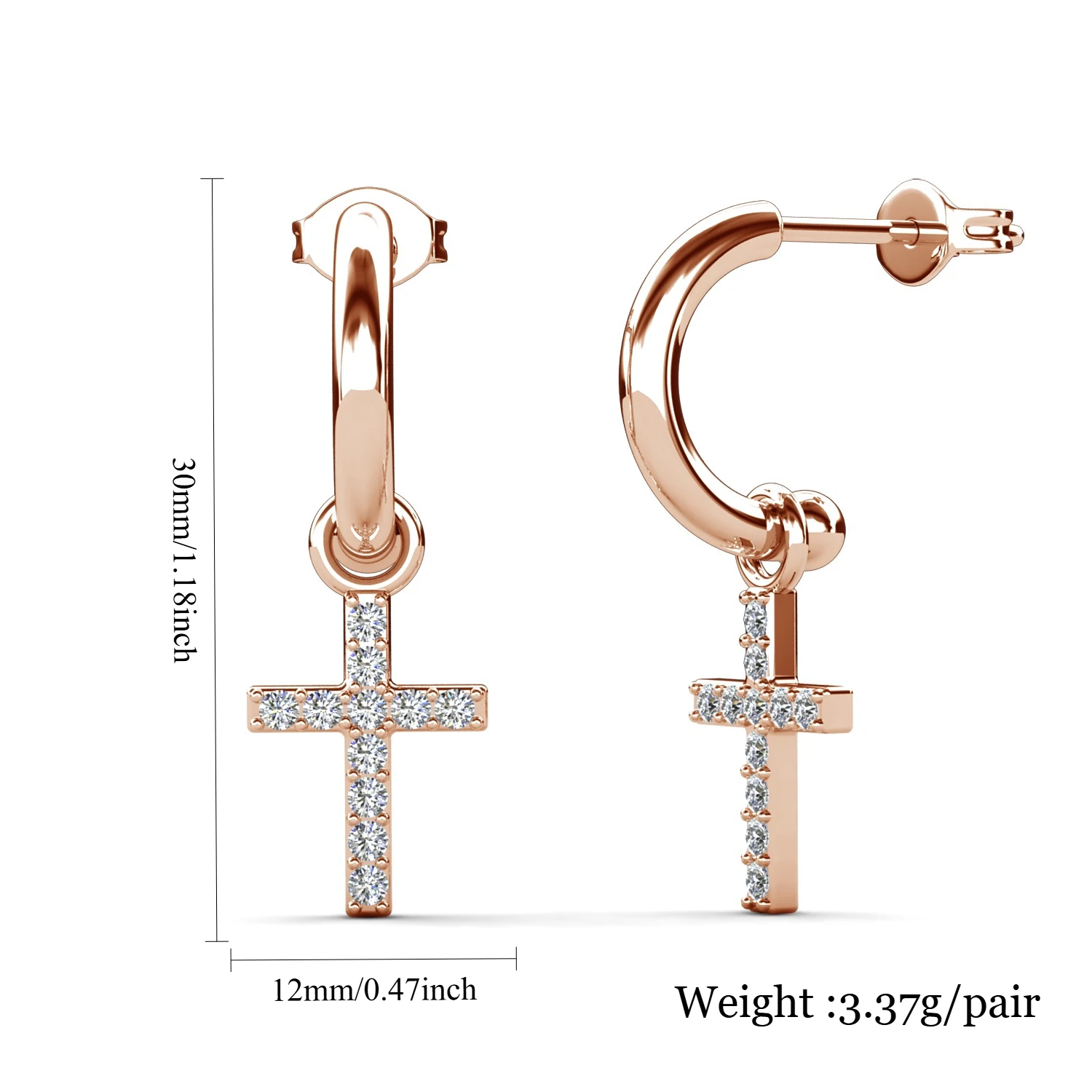 Paved Cross Drop Huggie Earrings Embellished with Swarovski Crystals Copper Rose Gold Plated Women Jewelry Religious Gift