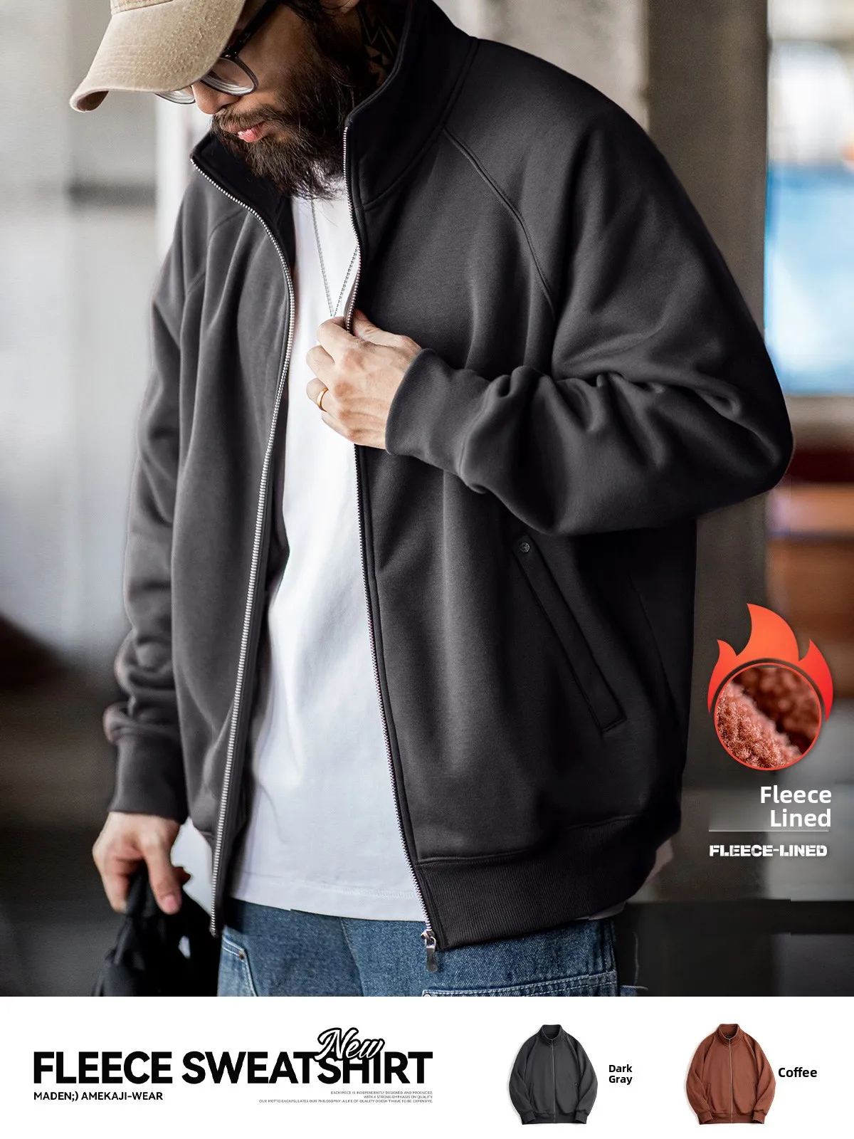 

Maden American Повседневная толстовка на молнии с подкладкой на молнии Мужская весенняя верхняя одежда Прямой крой из полиэфирного волокна Без глажки