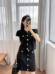 New 2024 Summer Women Skirt Suit Knit Top and Short Skirt O-Neck A-Line Buttons Elegant High Street Chic Stunning Fashion Design