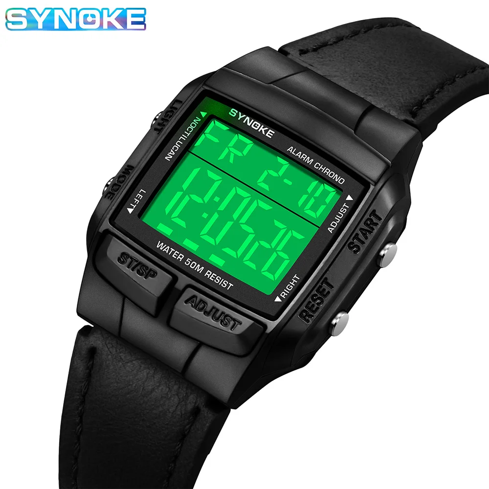 SYNOKE Belt Watch Men Outdoor Sports Multifunctional Waterproof Large Screen Display Luminous LED Digital For Men Retro Fashion