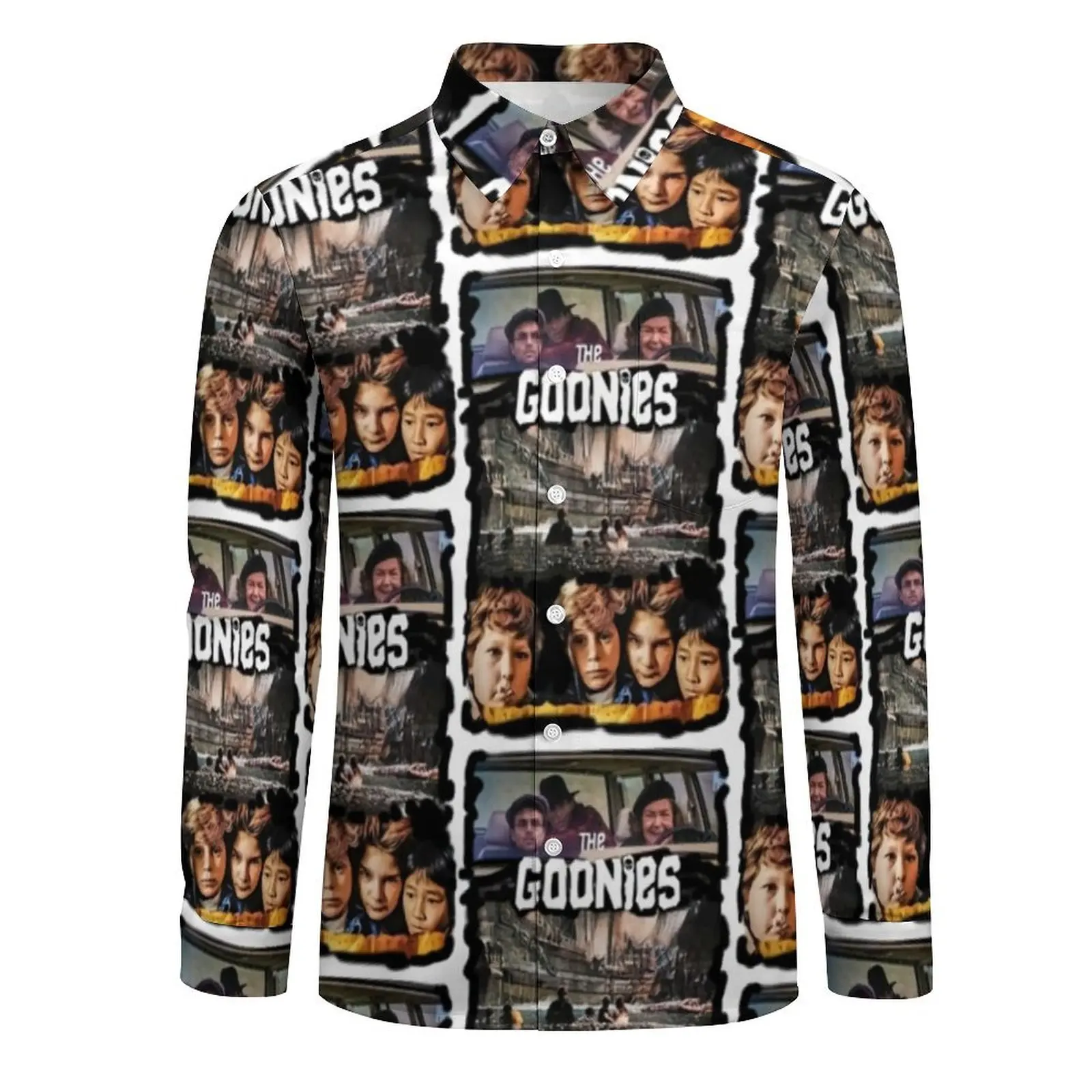 Mens Shirt Goonies Print Art Casual Shirts Long Sleeve 80s Classic Movie Breathable Blouses Autumn Vintage Design Oversize Tops