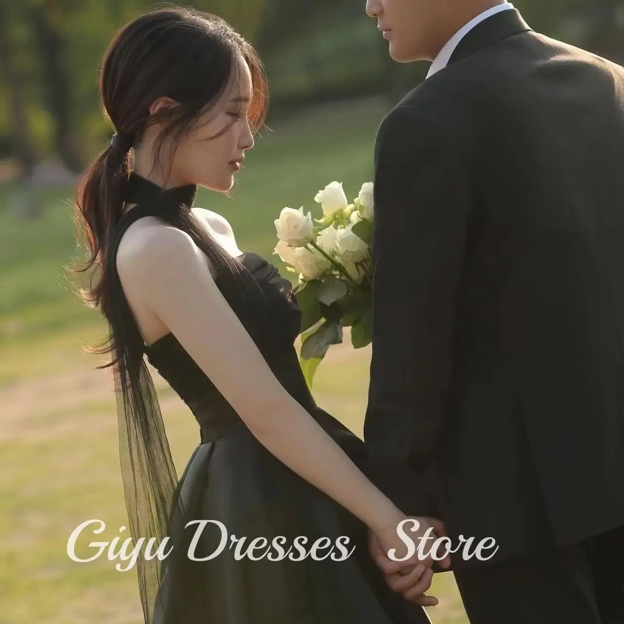 

Giyu Korea Strapless A Line Elegant Evening Dresses 웨딩드레스 Black Elastic Satin Customized Photo Shoot Prom Gowns Plus Size 2025