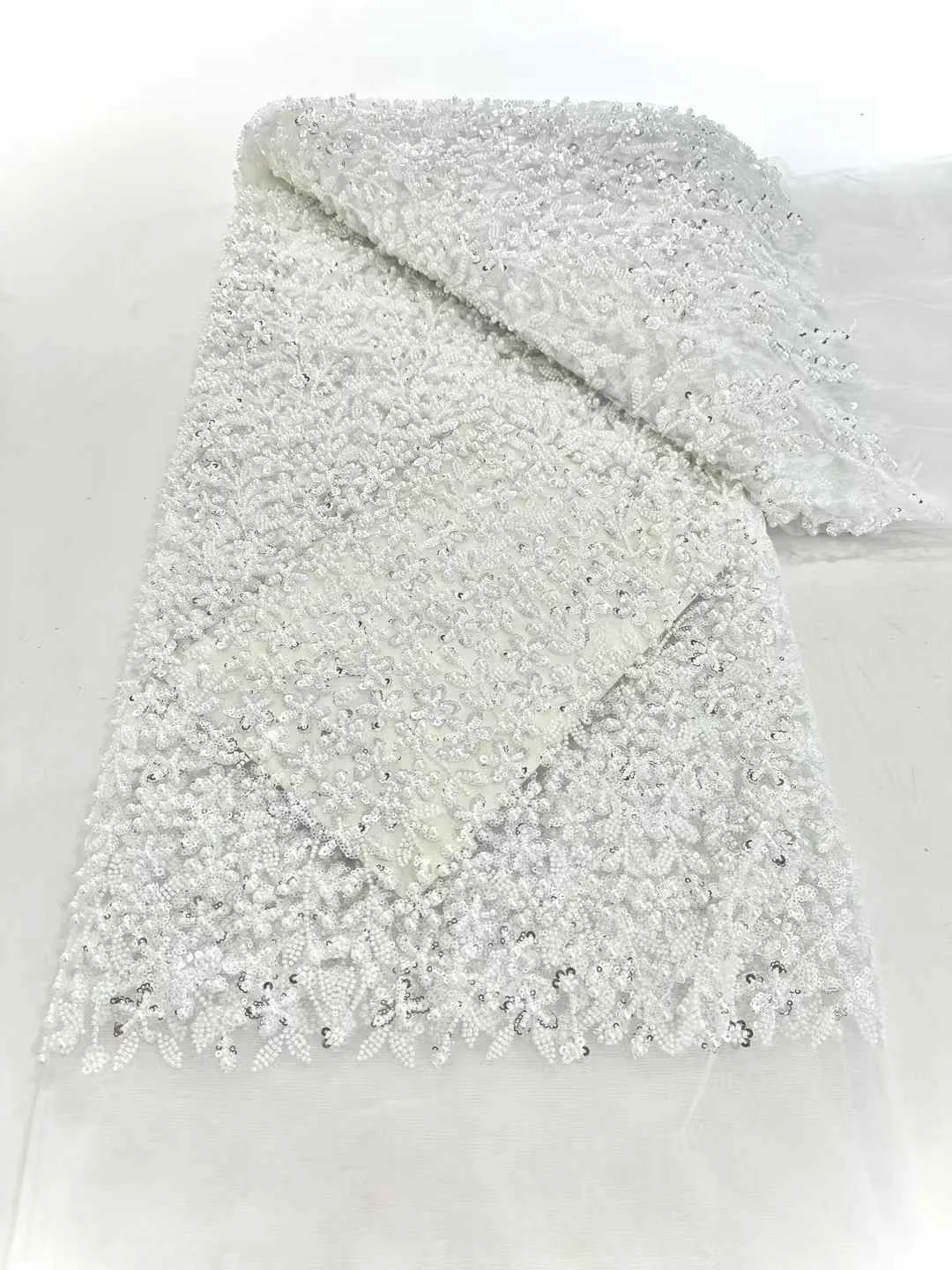 

High-quality African Nigerian Elegant Beads Embroidered Fabric French Tulle Lace Fabric With Sequin For Party Wedding
