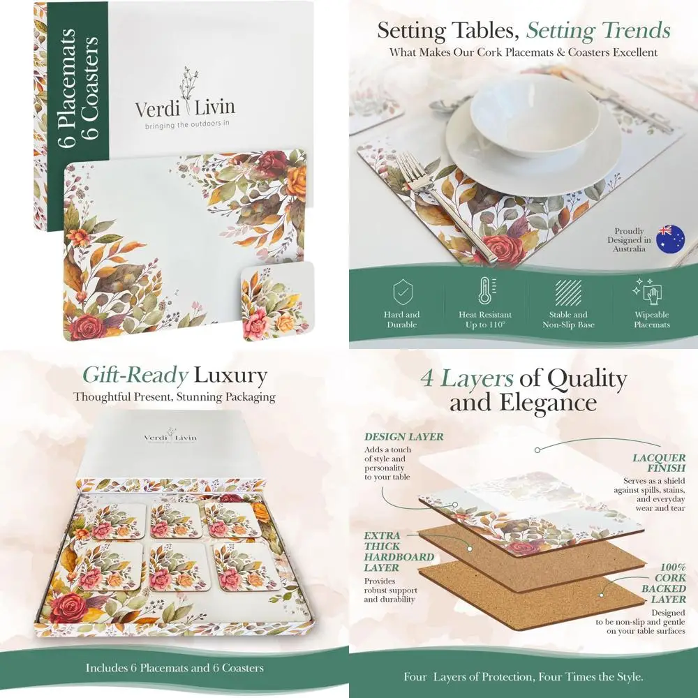 

Set of 6 Heat-Resistant Cork Coasters, 16x12 Inches, Wipe Clean Autumn Design for Dining