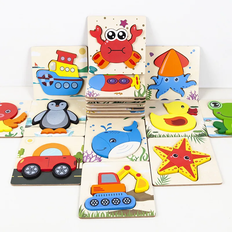 Wooden 3D Puzzles Tangram Shapes Cartoon Animals Learning Educational Cartoon Animal Intelligence Jigsaw Toys For Children Gift