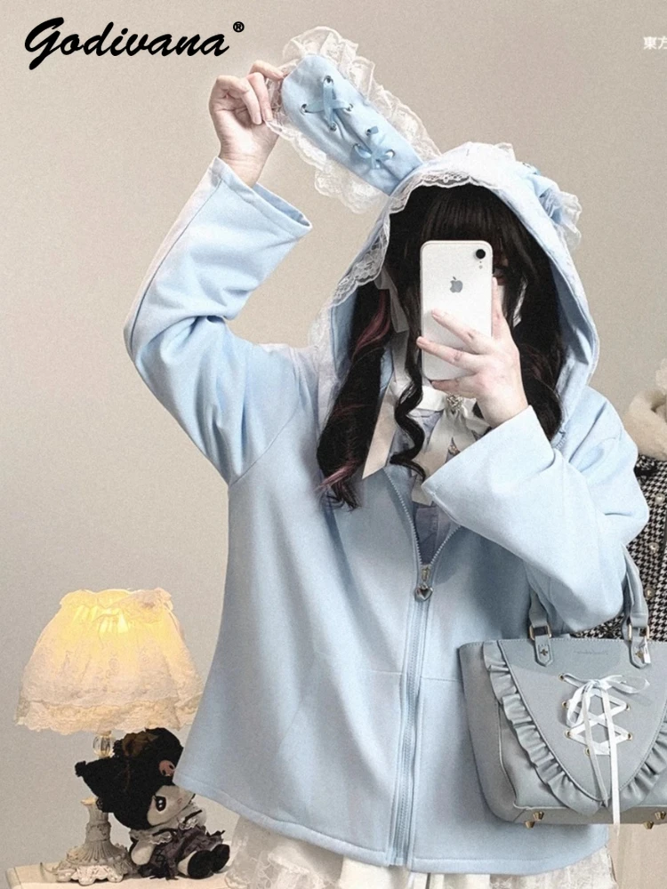 

New Autumn Subculture Lace Rabbit Ear Hooded Loose Zipper Jacket Student Female Sweet Cardigan Coat Thin Jacket