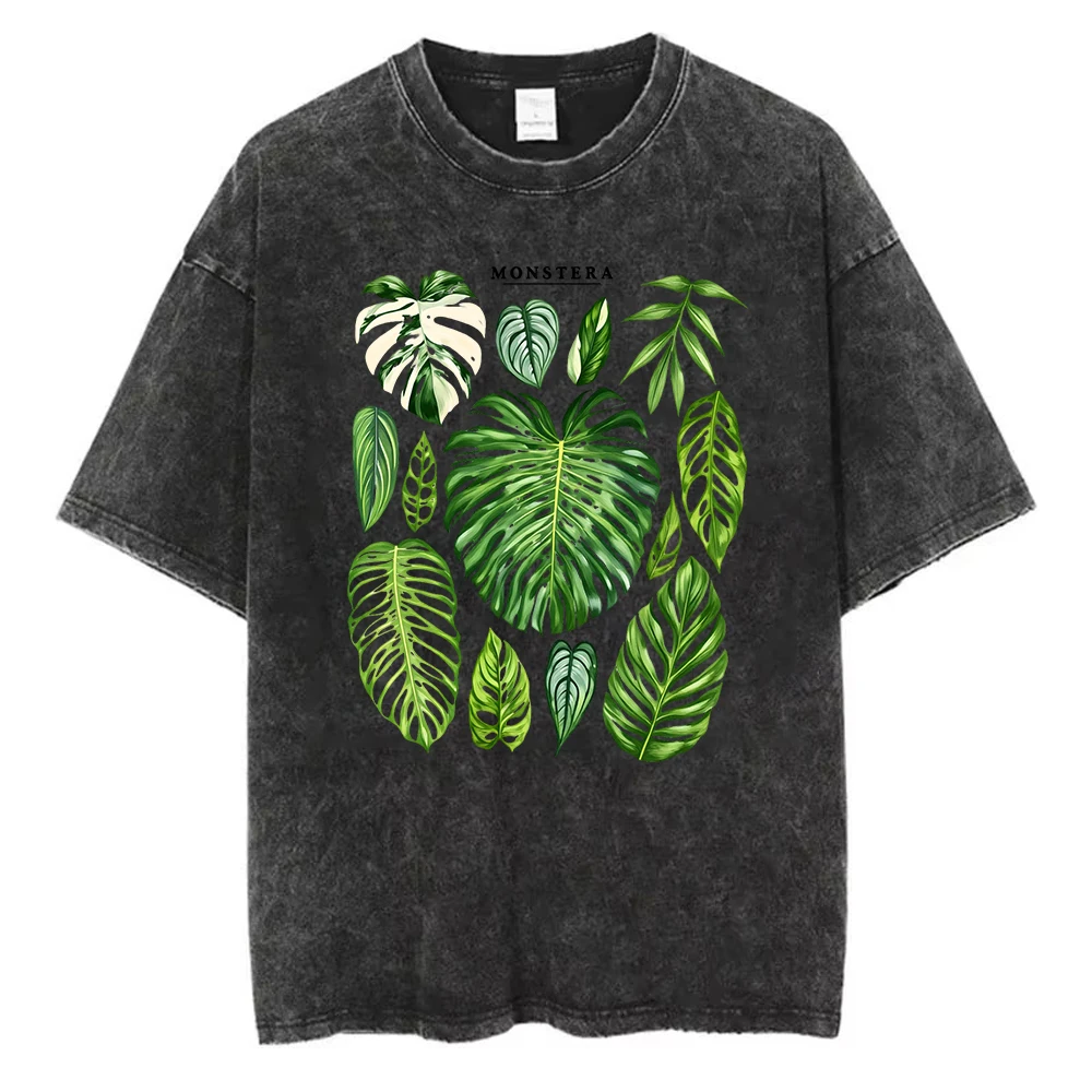 Acid Wash Vintage Graphic T Shirt - Футболка с графическим принтом листьев монстеры,