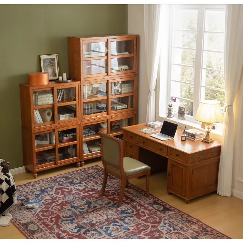 American solid wood desk boss table office computer table and chair combination class desk retro calligraphy table study writing