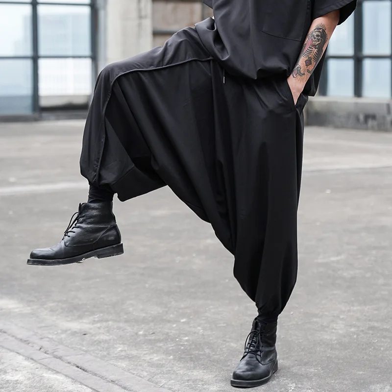 

2023Dark Black Fashion Pants Casual Crotch Men Loose Japanese Streetwear Hip Hop Punk Gothic Wide Leg Hrem Male Trousers