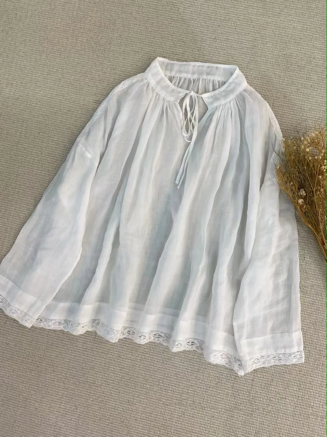 

Original Spring Summer Loose Lace Hook Flower Hemp Material Shirt Stand Collar Belted Simple Elegance Artistic Versatile