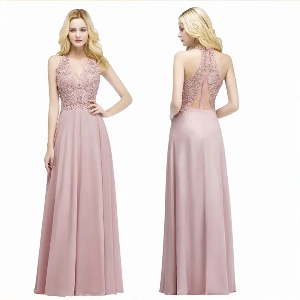 Dusty Pink Halter Neck Lace Pearls Evening Dresses Long Sexy Open Back Chiffon Formal Party Prom Gowns Vestido De Gala Jurken