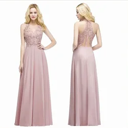 Dusty Pink Halter Neck Lace Pearls Evening Dresses Long Sexy Open Back Chiffon Formal Party Prom Gowns Vestido De Gala Jurken