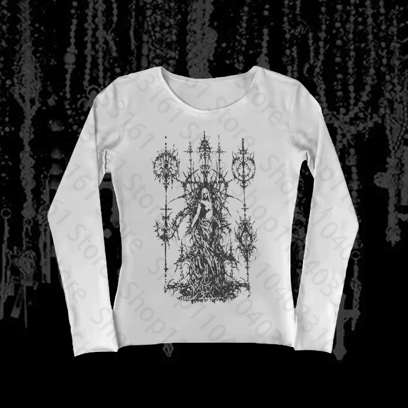 

Винтажная футболка в стиле гранж с графическим принтом и круглым вырезом, футболка с длинными рукавами, Harajuku, готический хип-хоп, эмо-девушка, повседневная футболка, сексуальный тонкий укороченный топ Summ