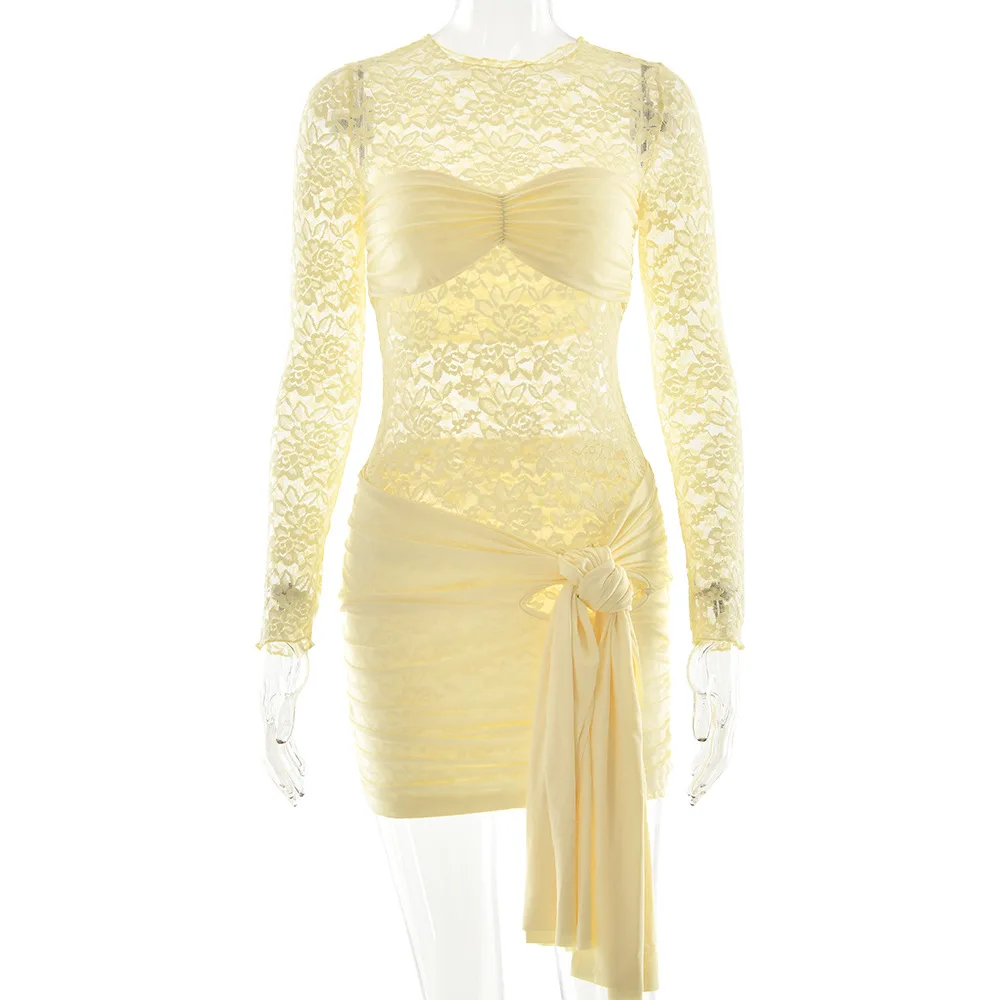 レースアップリボンシャーリングパッチワークシースルーレースボディコンミニドレス女性セクシーなOネック長袖スリム誕生日パーティークラブウェア