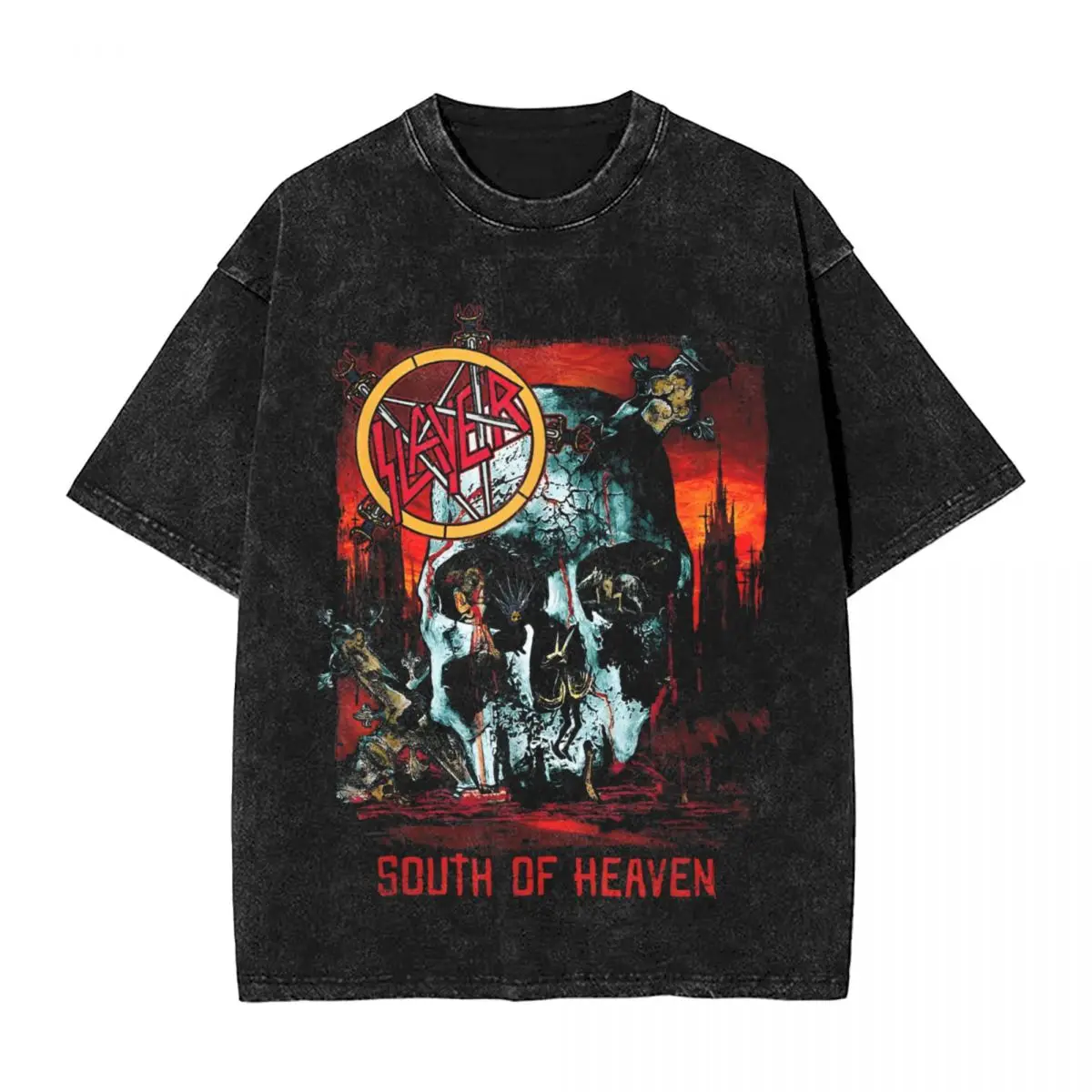 Slayer South Of Heaven Skull Washed T Shirt Streetwear Hip Hop Vintage T-Shirts Tees Men Women Short Sleeve Harajuku Summer