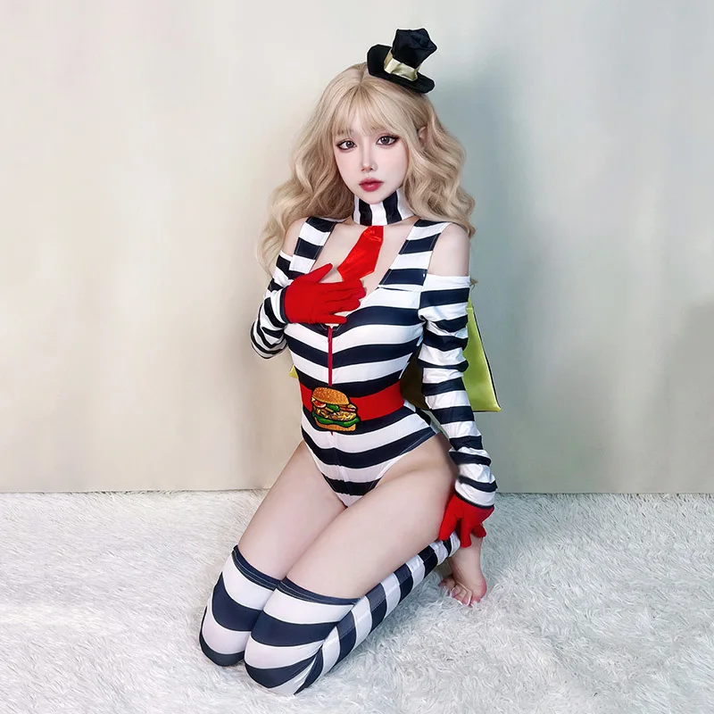 

Сексуальный костюм клоуна для косплея на Хэллоуин, трансграничный женский цирковой полосатый костюм клоуна для взрослых, костюм на Хэллоуин