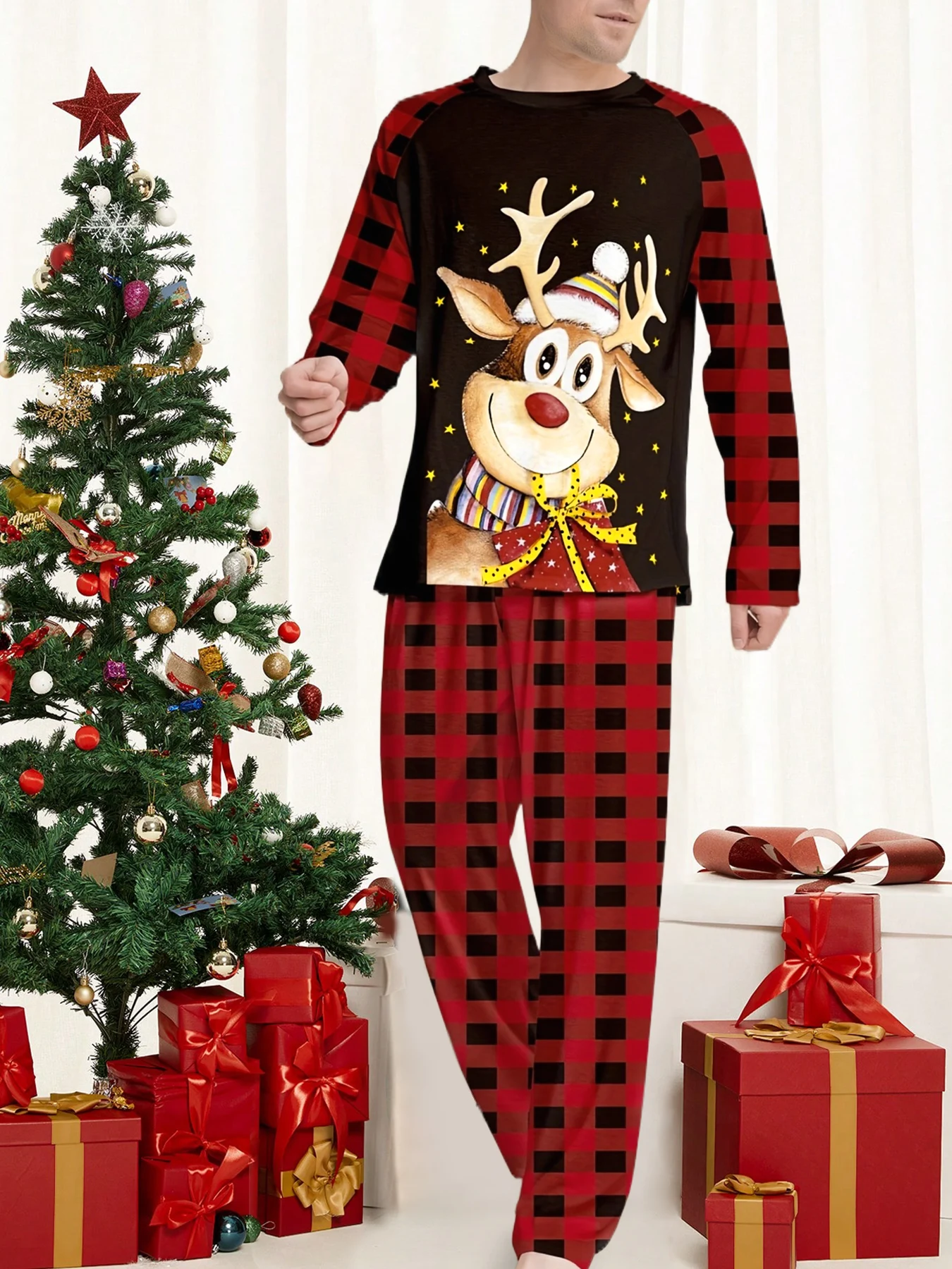 

Men Christmas Deer Red Black Plaid Long Sleeve Shirt And Pants Set Holiday Fashion Menswear