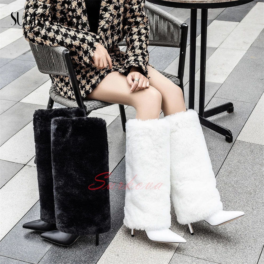 

Pointed Toe Stilettos Boots Runway Sleeves Furry Long Boots Solid Fashion Thin Heel Boots for Women Lady High Heels New Arrivals