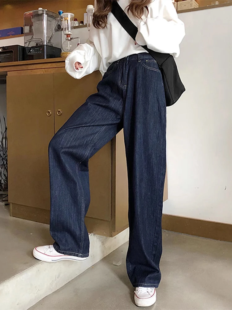 

Deep Blue plus Size High Waist Denim Pants Women's Loose Straight Leg Trousers Autumn Winter plus Size Faion Korean Sle