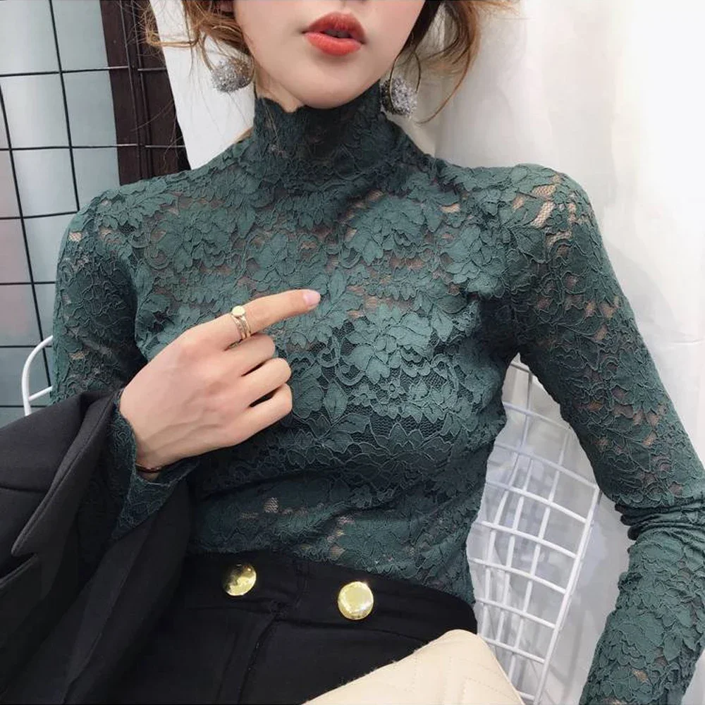 Women Stretch Turtleneck Petal Sleeve Shirt Women Blue Green White Black Flowers Lace T Shirt Ladies S-2XL Tops Fashion Ladies