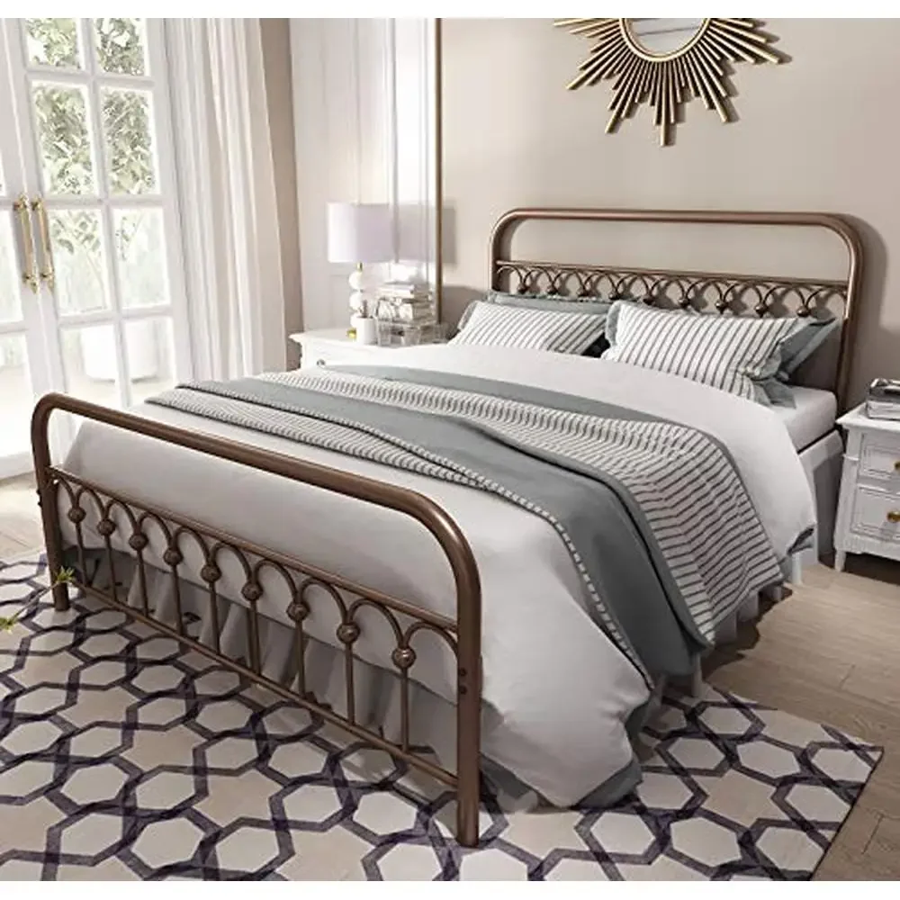 Vintage Metal Queen Bed Frame with Headboard and Footboard No Box Spring Needed 13-Inch High Strong Support Anti-Slip Design