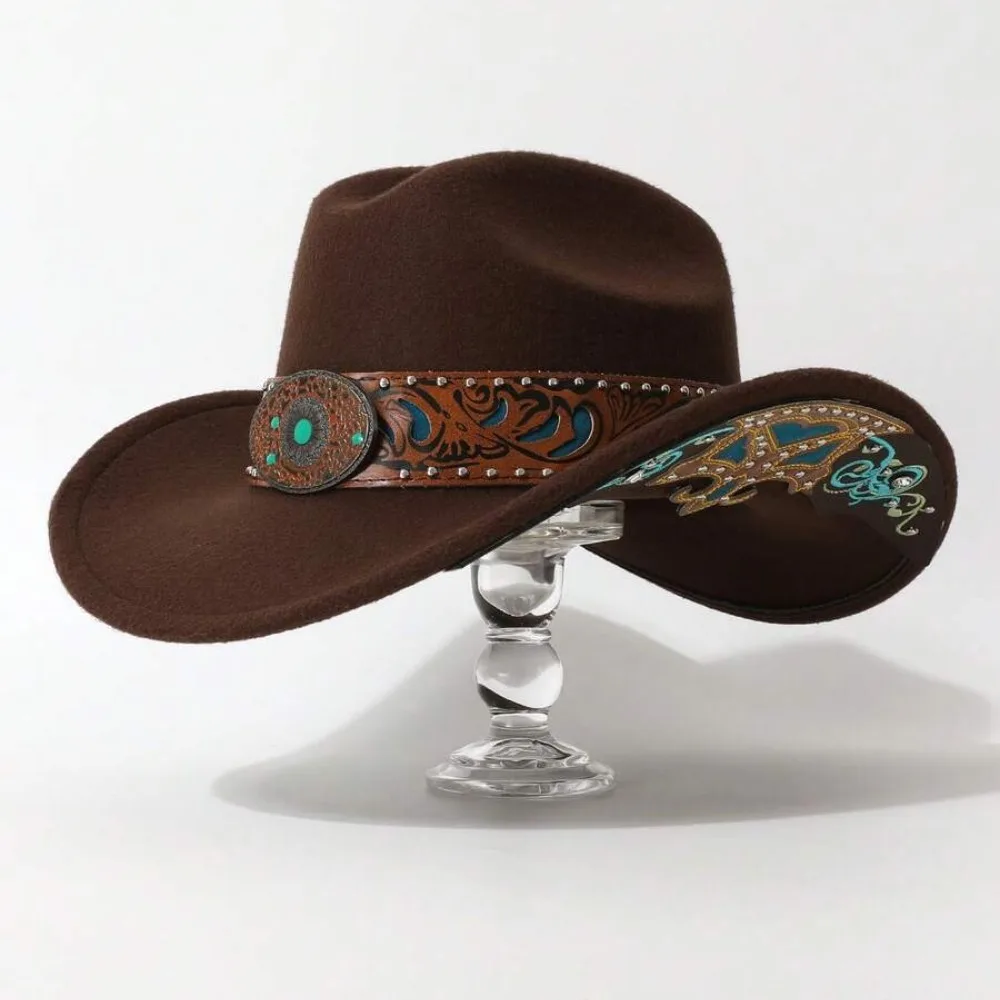 Turquoise Decor Western Cowboy Hat Embossed Band Retro Wide Brim Sun Hat Vintage American Style Stage Performance Hat