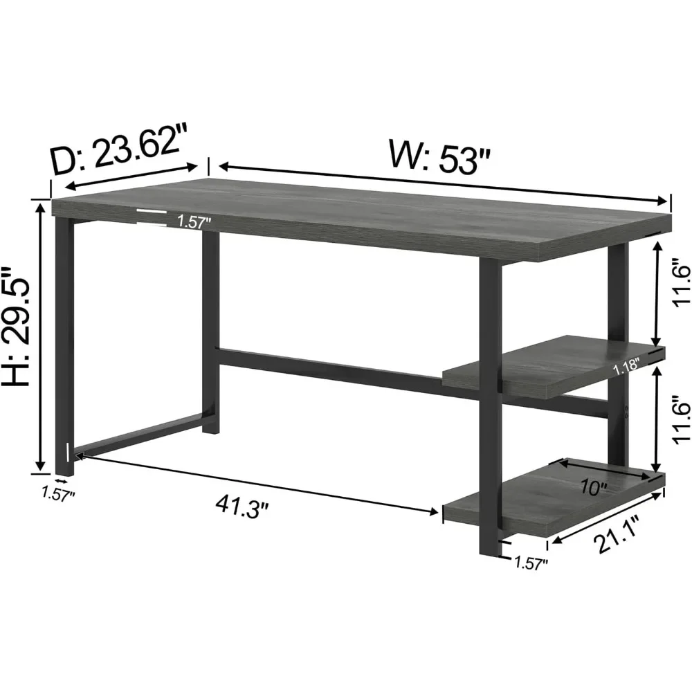 Industrial computer desk, home office desk with storage rack, wooden study desk in bedroom and living room, gray