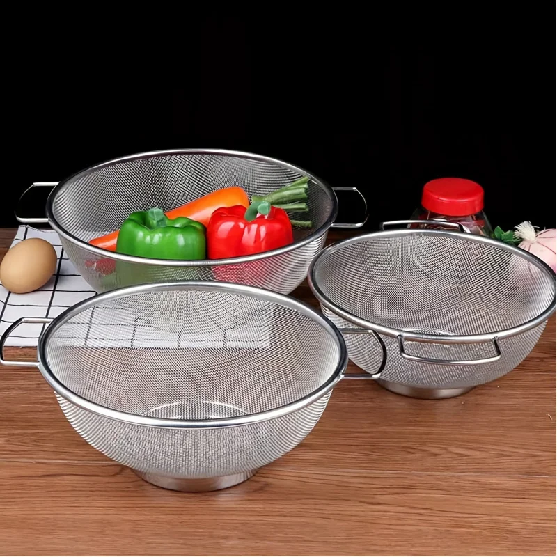 

3-piece set, stainless steel filter screen, handled metal funnel, fine mesh funnel, food trainer, kitchen rice washing basket,