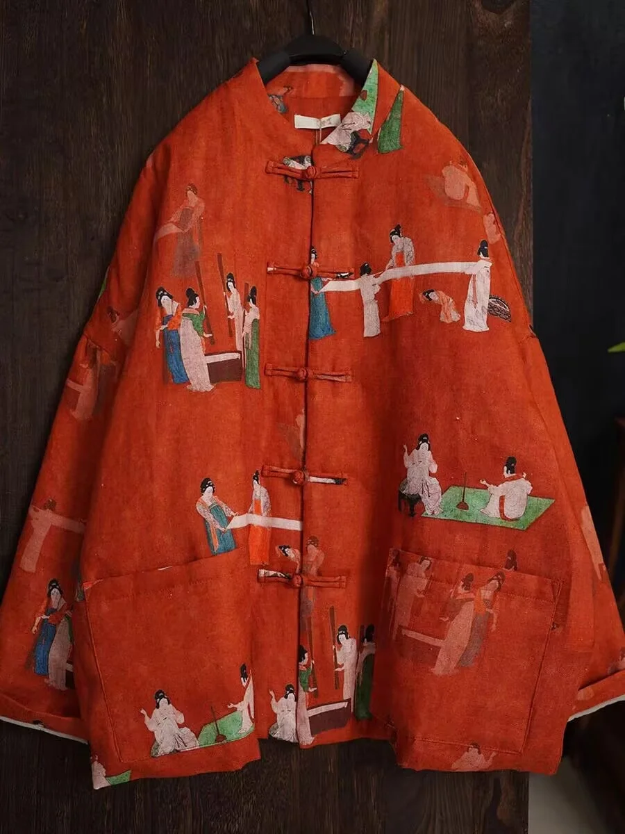 New Chinese Style Orange Maid Print Linen Cotton Jacket Women's Winter Festive Ancient Chinese New Year Celebration Outfit
