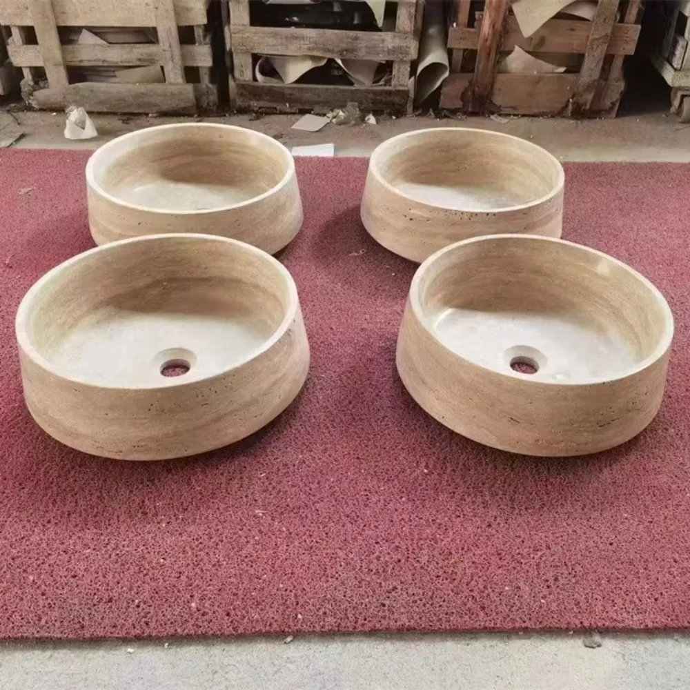 Beige Travertine Marble Round Wash Basin for Home and Hotel Decor