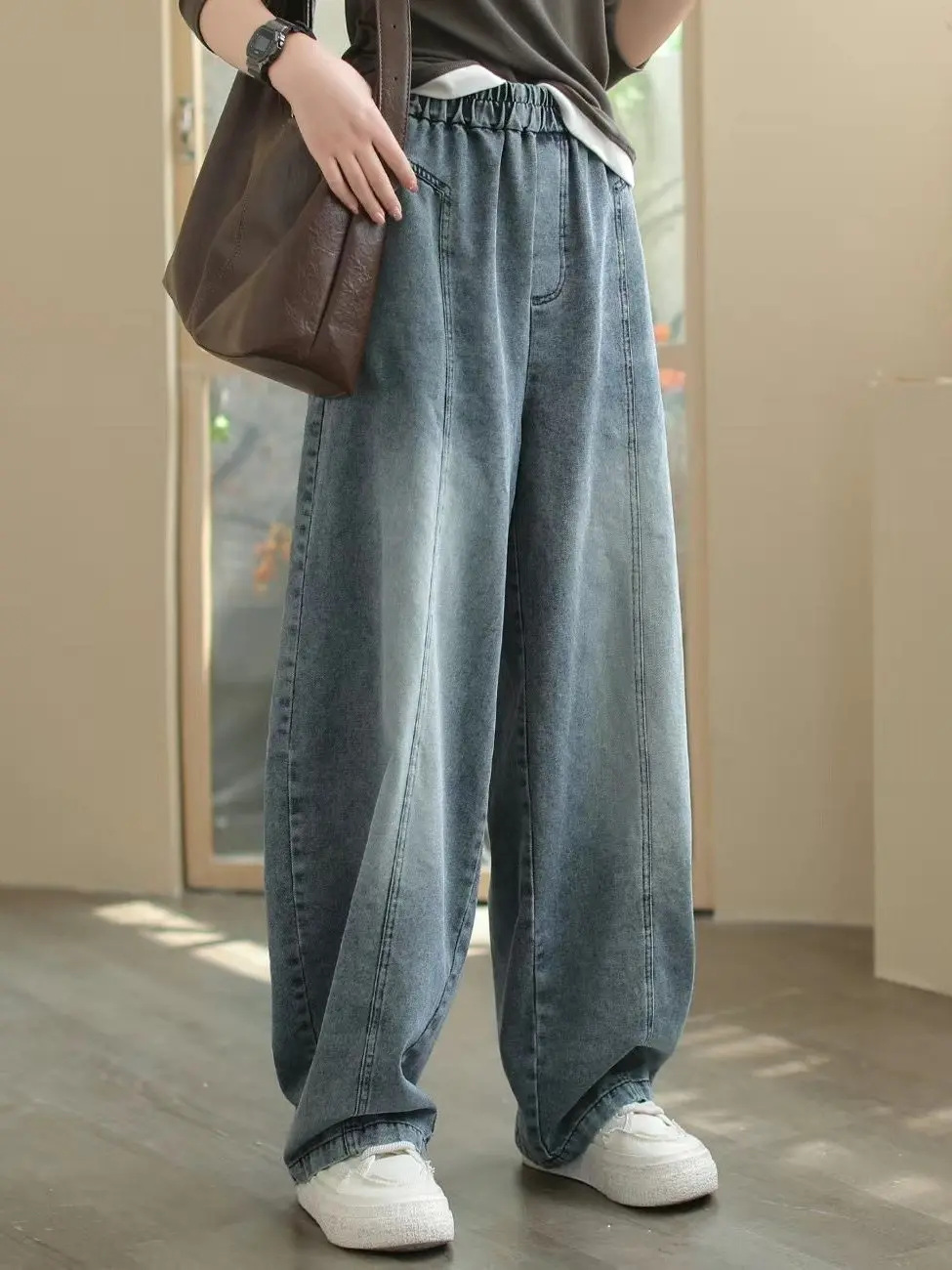 

Свободные широкие джинсы American Sle, женские весенние прямые повседневные брюки длиной до пола, винтажные утягивающие джинсы-бананы