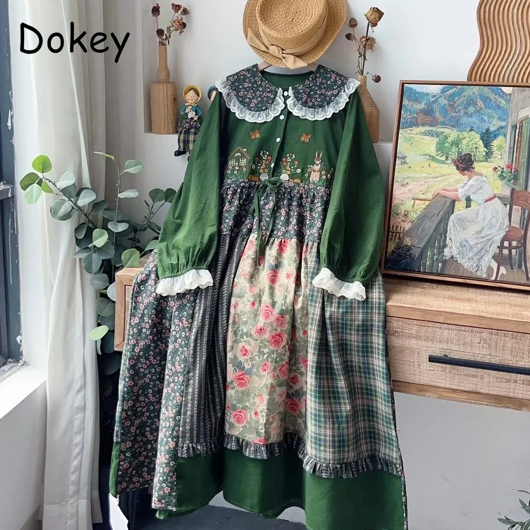 Vintage Green Corduroy Lolita Dress Women Japan Mori Girl Peter Pan Collar Lace Ruffles Long Sleeve Kawaii Dress Loose Vestidos