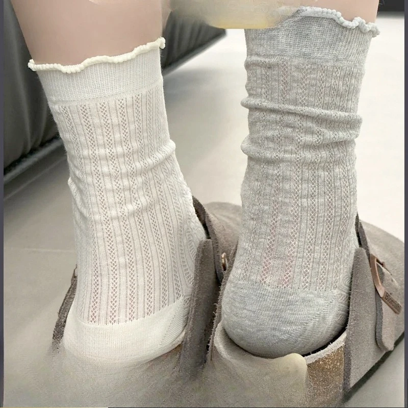 

Four pairsFashion Solid Color Hollow Mesh Mid Calf Socks Thin Bow Stacked Socks for Girls