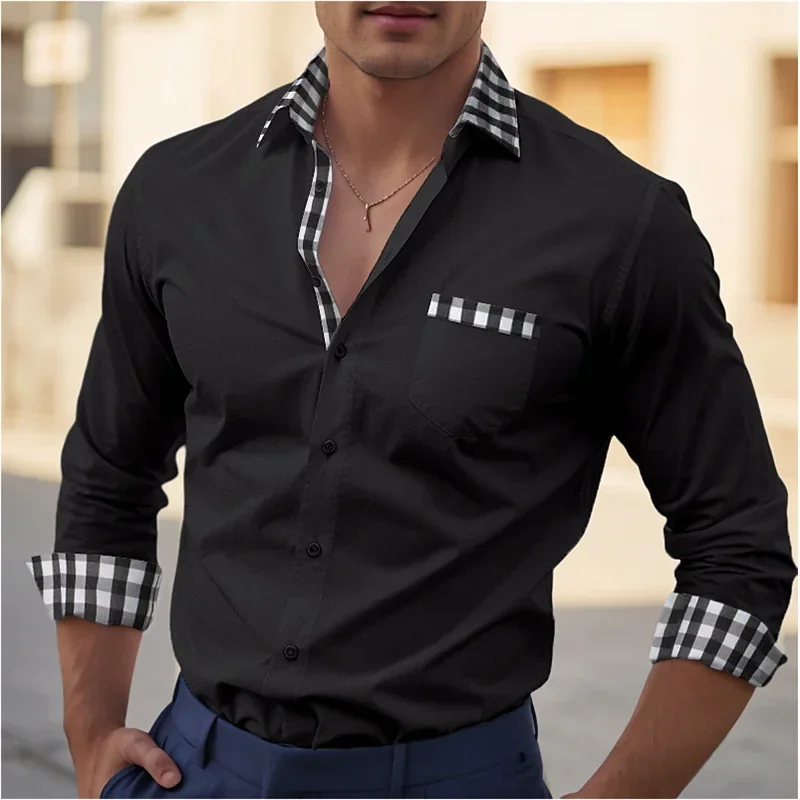 Camisa masculina de botão manga comprida, bloco de cor branca, gola, camisas formais, carreira de escritório, roupa de casamento, bolso primavera