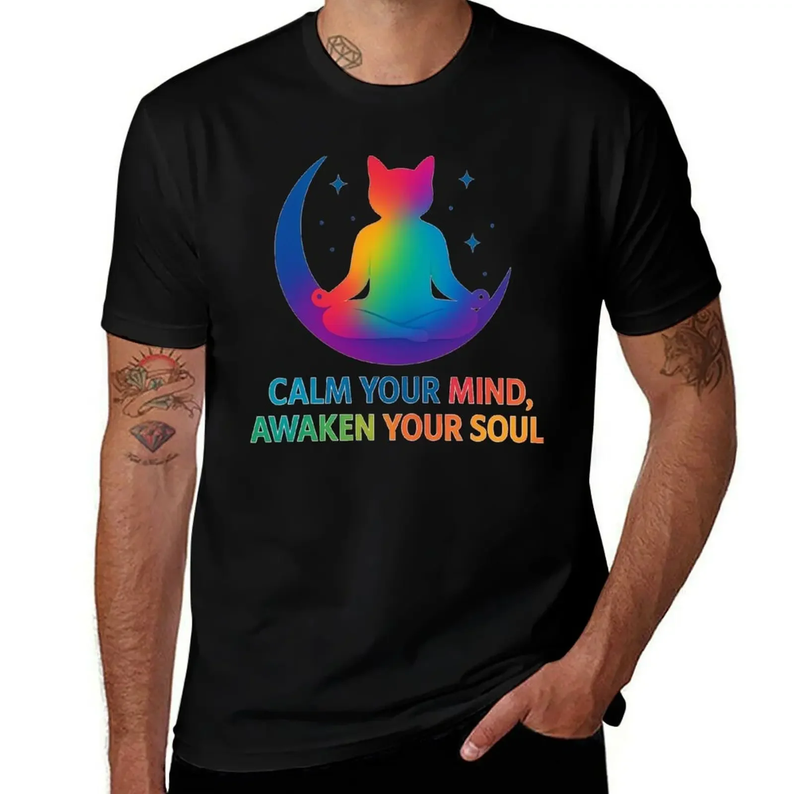 

Футболка Mystic Rainbow Cat — Calm Your Mind, Awaken Your Soul, бутик одежды на день Святого Валентина, летние футболки 2025 года, мужская футболка