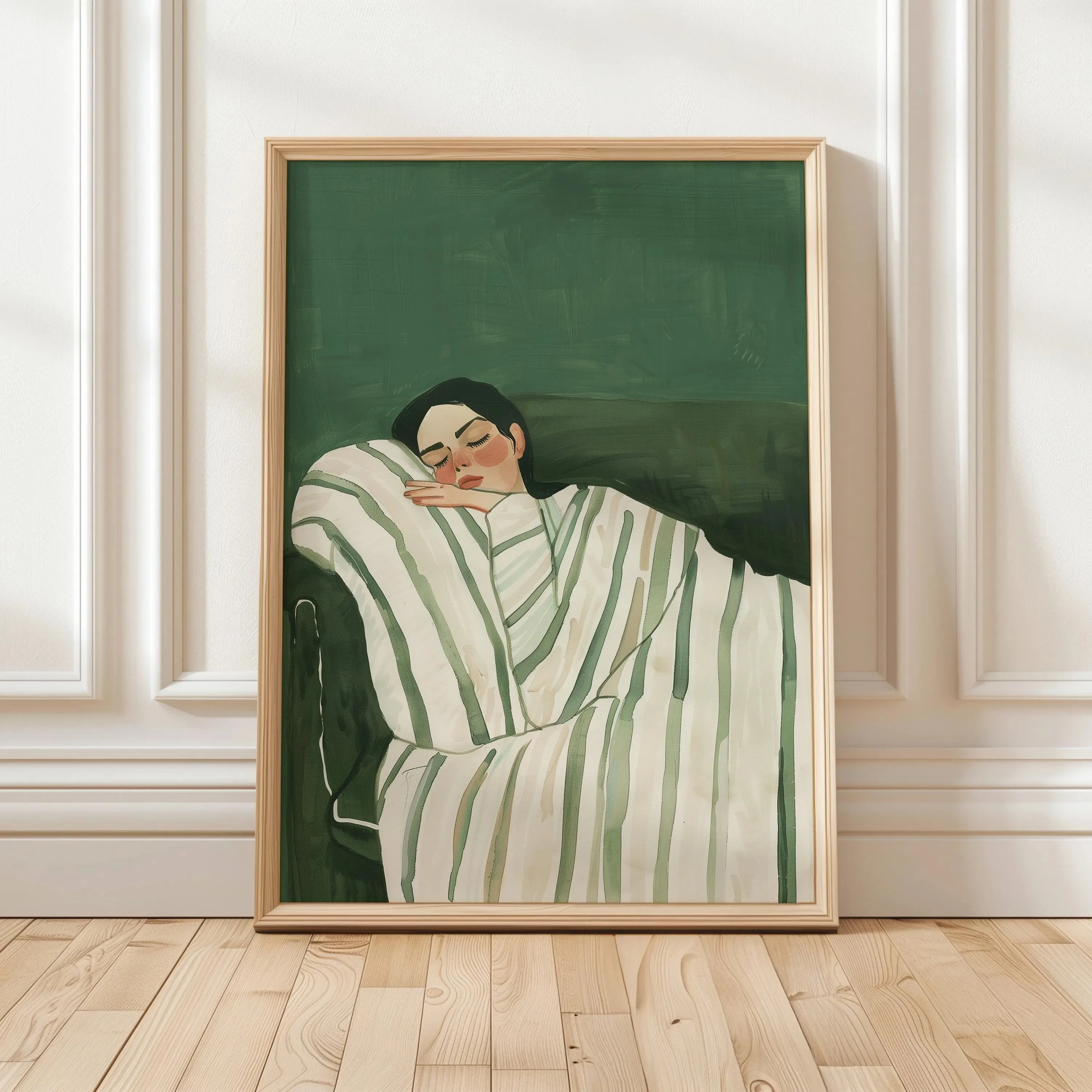 1pc frameless Canvas Painting Green Striped Woman Reading Drinking Coffee Canvas Print Abstract Woman Lying Wall Art Poster Mode
