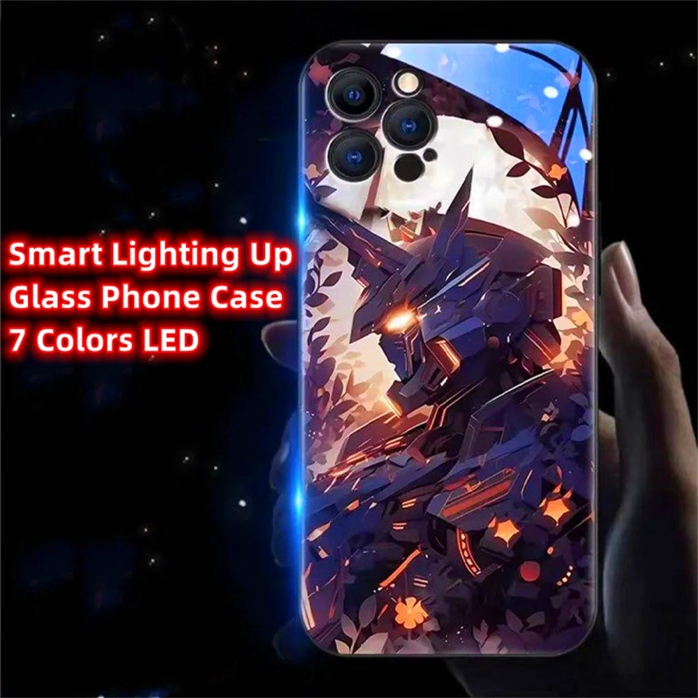 Trend Moon Armor Pattern Smart LED Light Glow Tempered Glass Phone Case For iPhone Air 17 16 15 14 13 12 11 Pro Max Plus