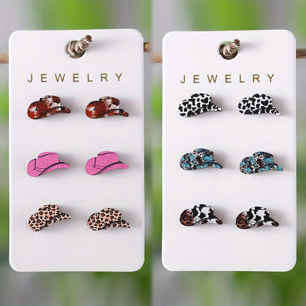 2026 New Trend Inspired Design Western Jewelry Cowboy Hats Leopard Wood Stud Earrings Collection 1 Card