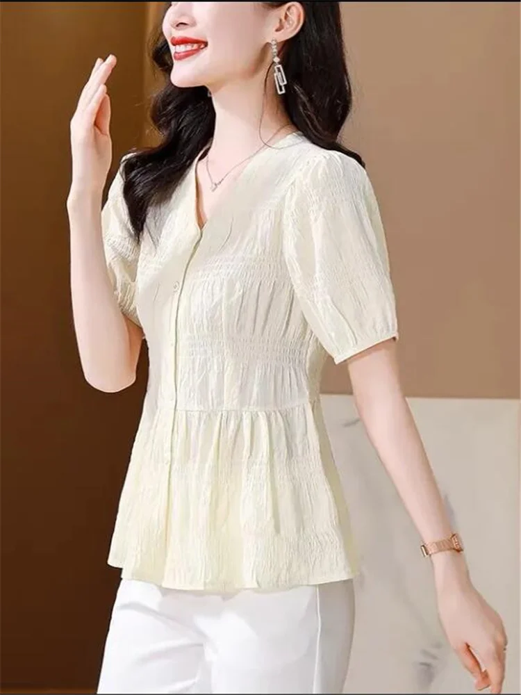 Loose Blouses Summer Cardigan Top For Women Short Sleeve Shirt Belly Covering Top Woman Pleated Tunic Slim Shirt Grace Female image 4