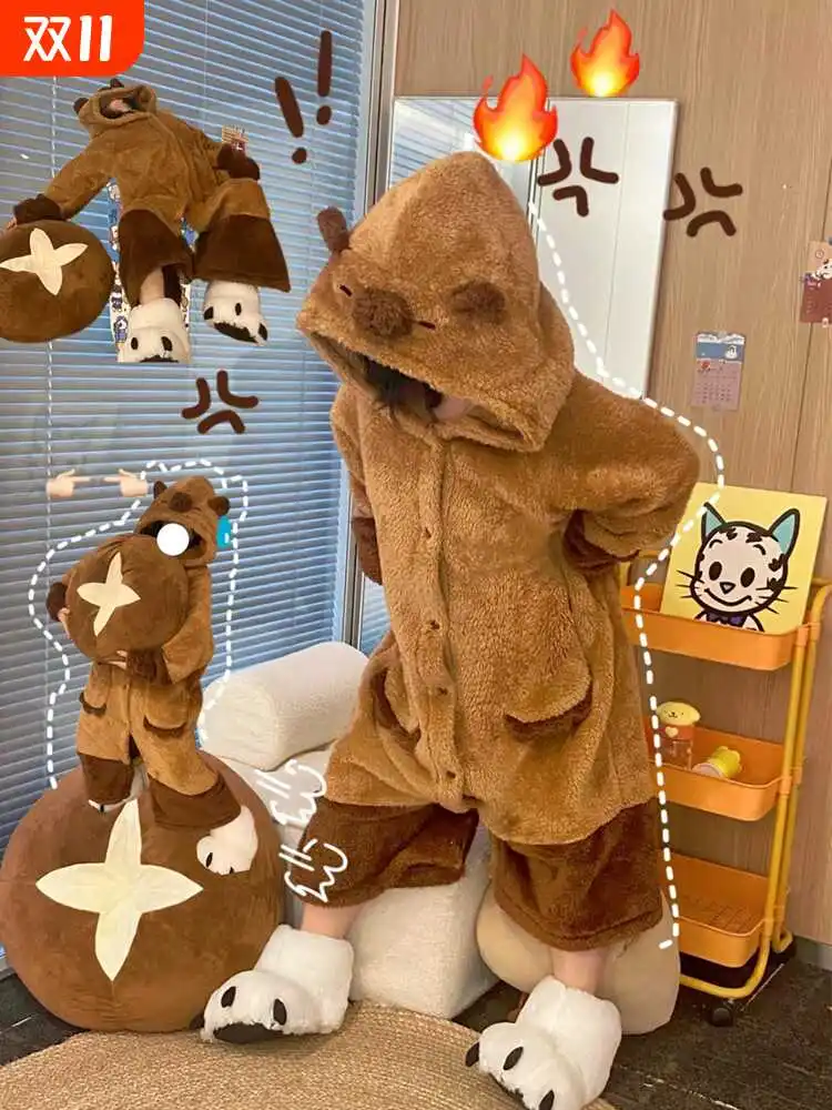 

Anime Capybara Pajamas Cute Winter Coral Fleece Nightgown Large Size Of Thickened Warm Cartoon Couple Hooded Homewear Night-Robe