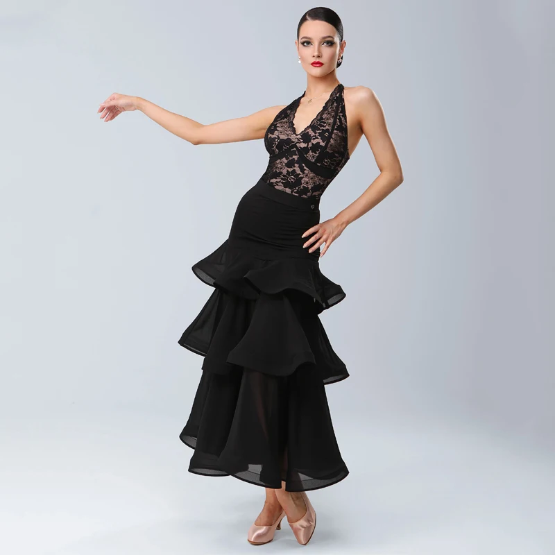 Waltz Ballroom Dance Professional Dresses Sexy Halter Lace Top Cake Skirt Women\'S Latin Dance Competition Costumes SL10682