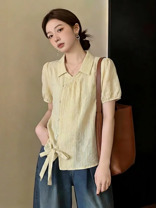 

Chic V-neck Short-sleeved Shirt Women's Fashion Korean Style Slimming Waist Design Summer New Arrival Breathable Comfortable