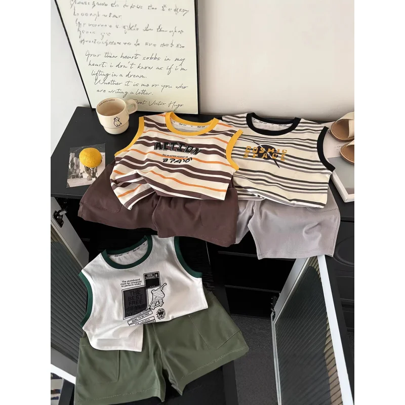 

2026New children's vest set, pure cotton, striped summer outfit for boys and girls, loose and trendy vest and shorts set